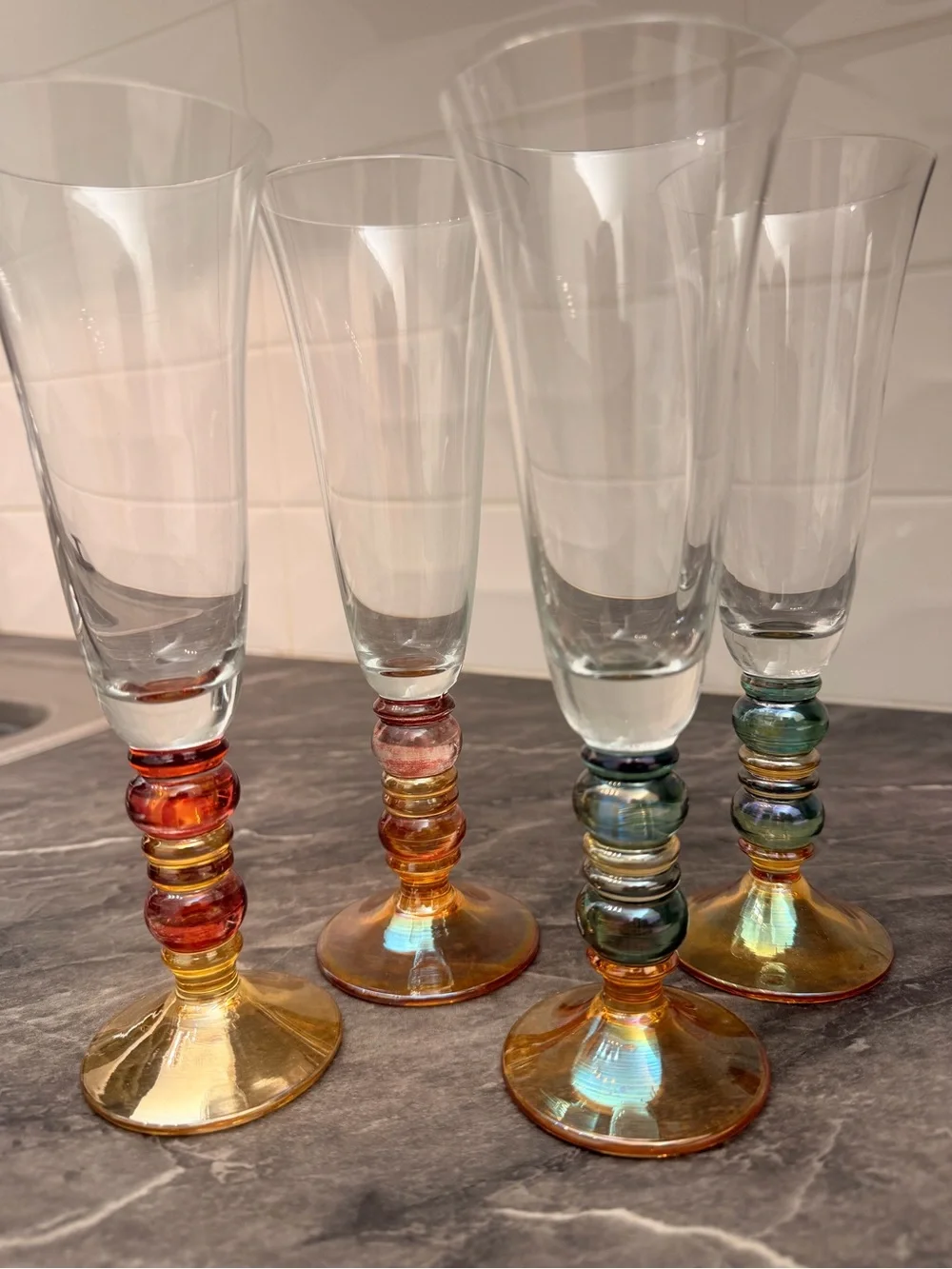 VTG 4 Krosno Poland Hand Blown Multi Color Stacked Ball Stem Champagne Flutes